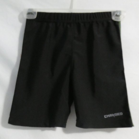 CHARGED small tight black stretchable shorts, fluorecent green stitched sides - Picture 1 of 9